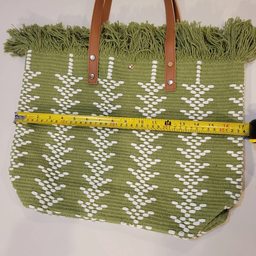 Green Fringe Woven Tote Bag with White Accent